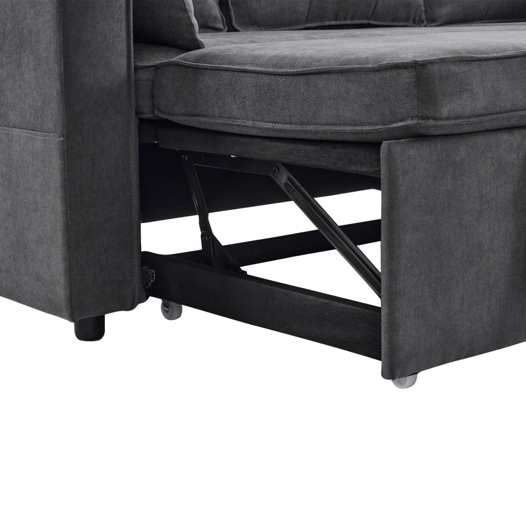 Divano Angolare Letto 3 Posti con Contenitore, Chaise Longue Reversibile, Tasche e Portabicchieri in Cotone Lino Grigio 211 × 130 × 86 cm