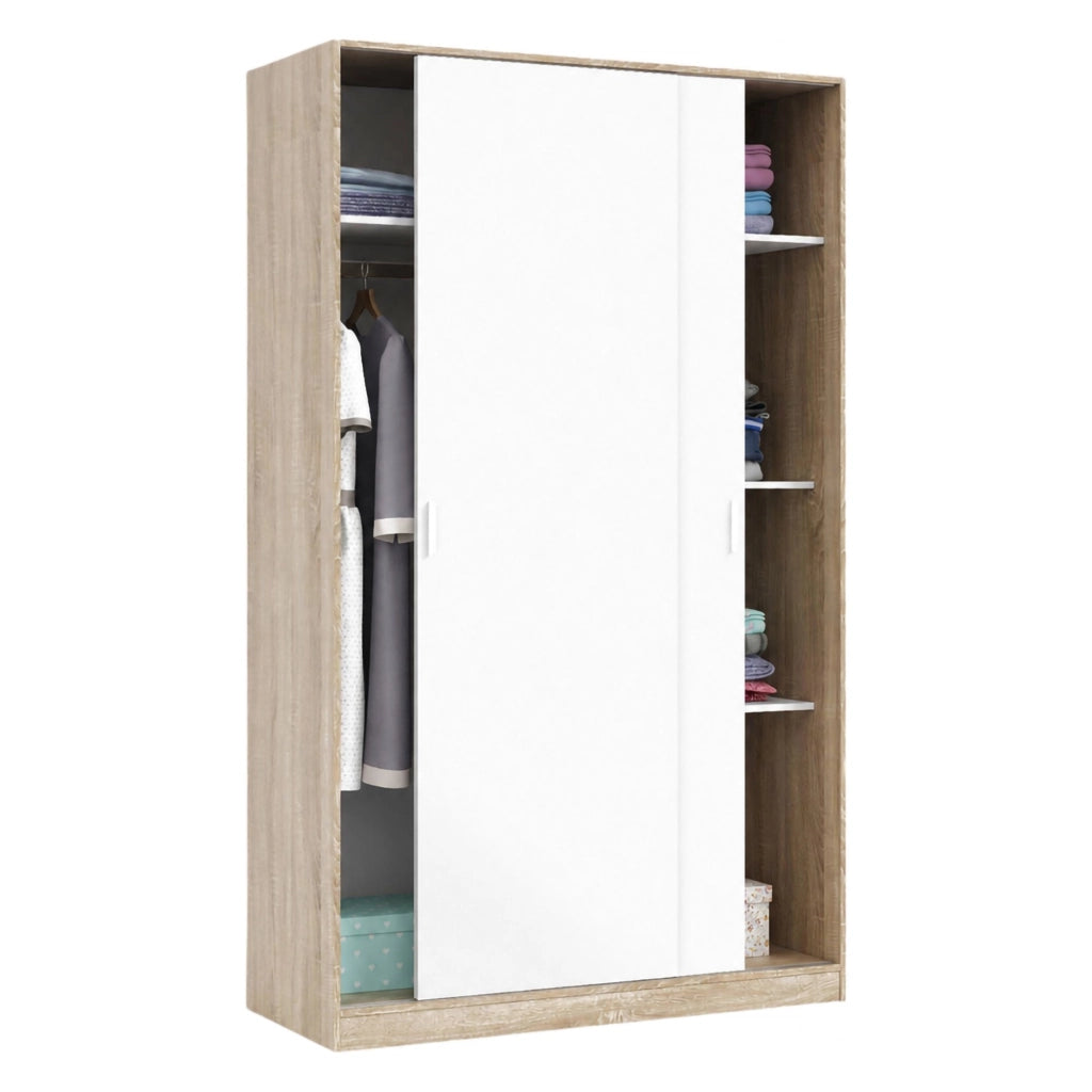 Guardaroba Adrenalin, Armadio per camera da letto a 2 ante scorrvoli, Mobile con 3 ripiani e barra appendiabiti, cm 120x50h200, Rovere e Bianco
