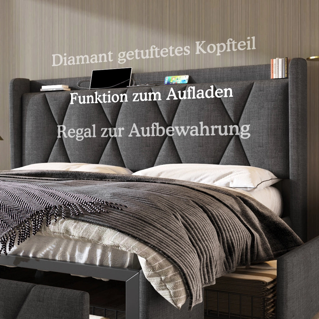 DESMIU Letto contenitore matrimoniale 140 × 200 cm con 4 cassetti, USB e materasso incluso, grigio