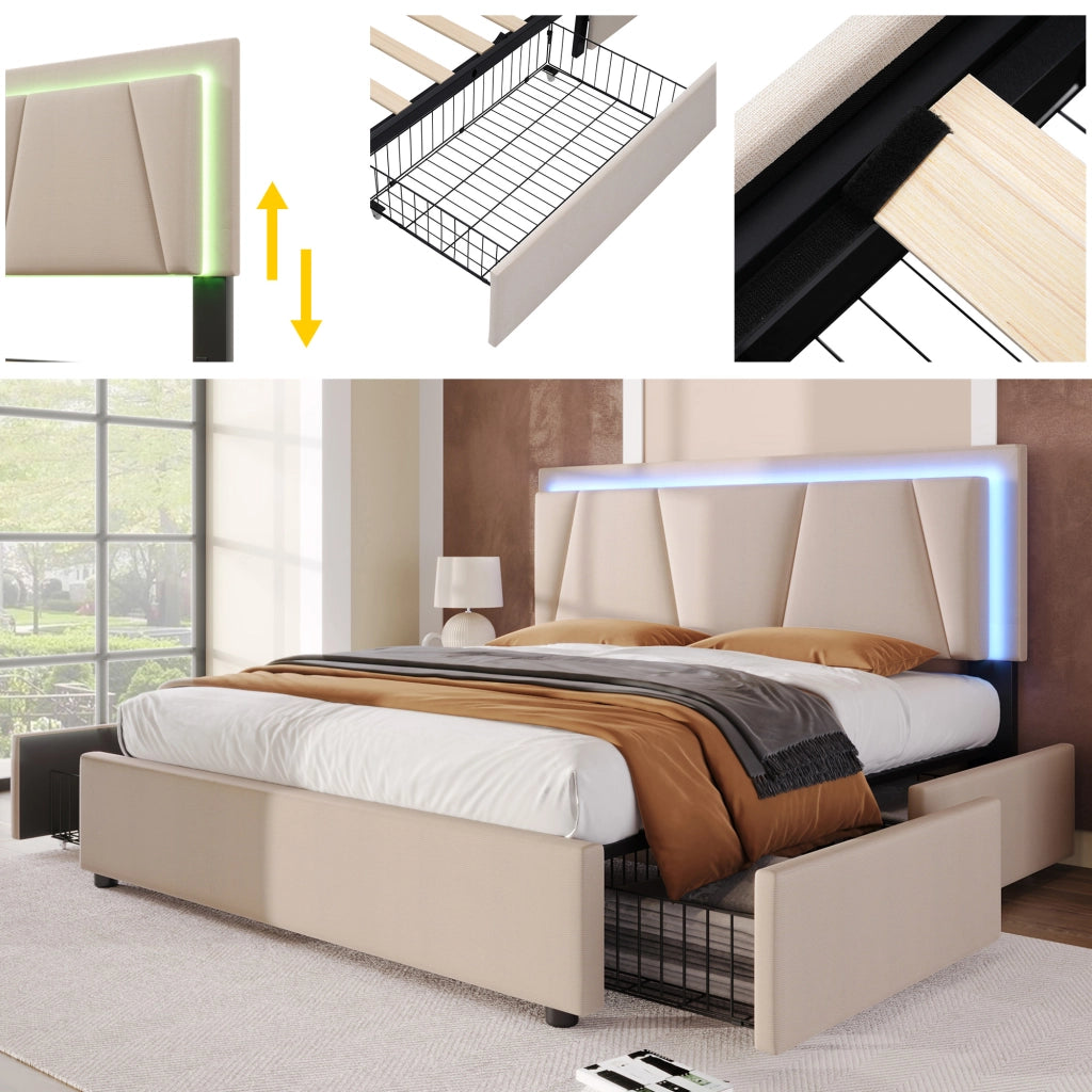 Letto con cassetti matrimoniale 140×200 cm con LED; testiera regolabile; 4 cassetti; materasso incluso; beige