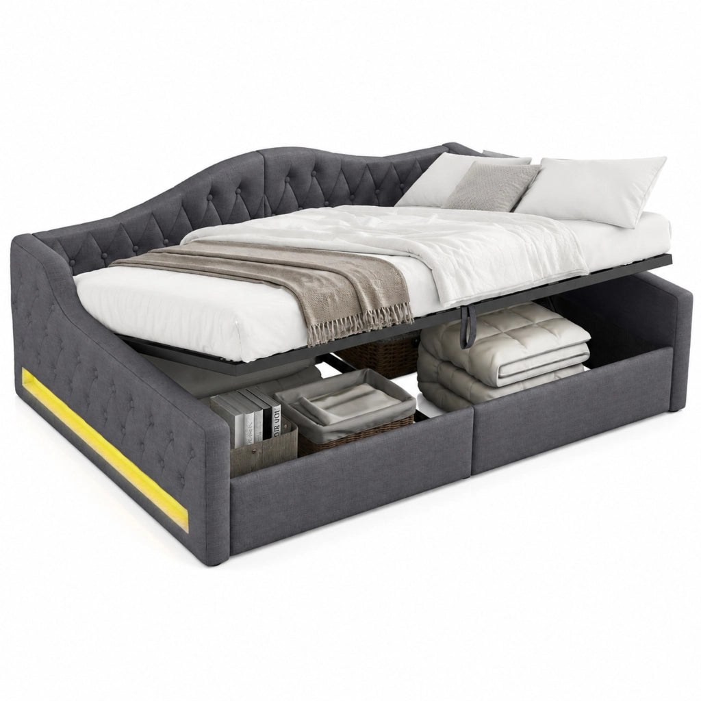 Divano letto con contenitore e LED; 140x200 cm; in MDF e lino grigio