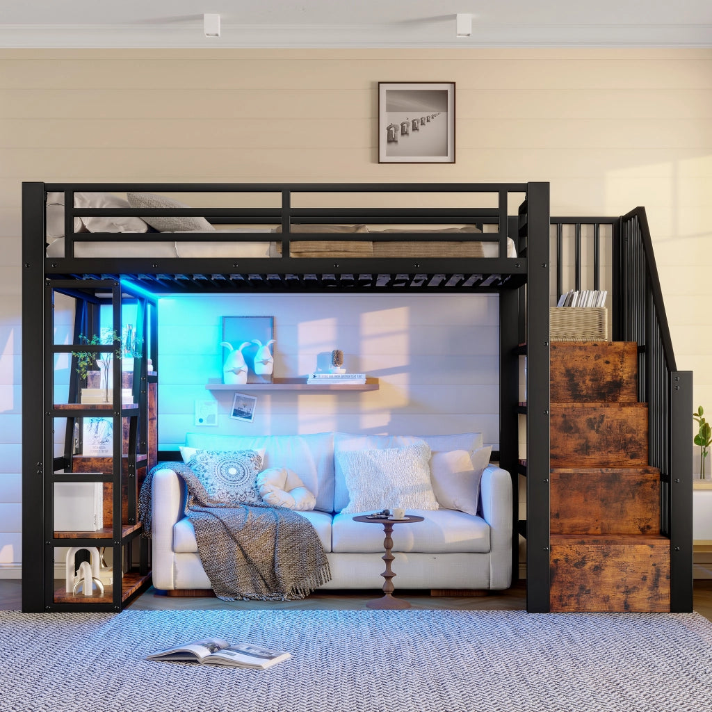 LETTO a soppalco 90x200 cm in metallo e MDF nero con scala e LED