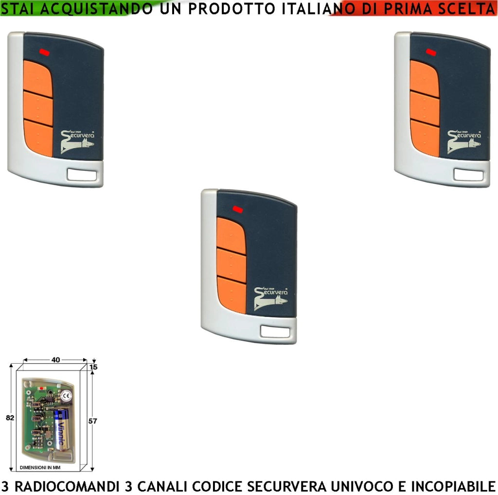 Radiocomando Cancello Automatico Tre Pezzi Frequenza 433,92 MHz 3 Canali Numerati Potenza 1 mW Portata Libera 60/100 MT Codice Sicurezza Securvera Rolling Code 66 Bit Batteria 12 V 23A Contenitore ABS
