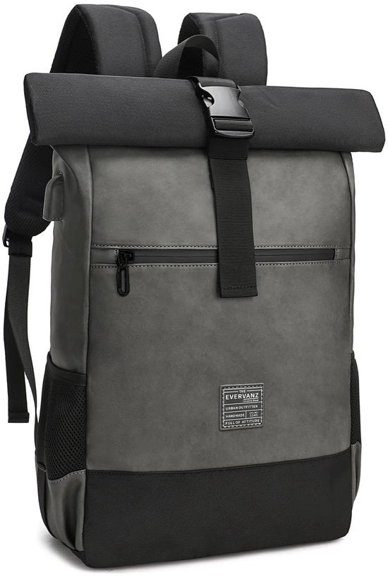Borsa da Spalla per Laptop con Zaino Rolltop in Pelle e Poliestere - Grande Borsa con Alimentatore USB - Zaino per Scuola con Tasca per Laptop 43 cm - Zaino Impermeabile per Uomo e Donna