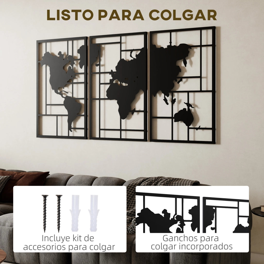 Mappa del Mondo in 3 Pezzi ¨C Minimal ¨C Nero