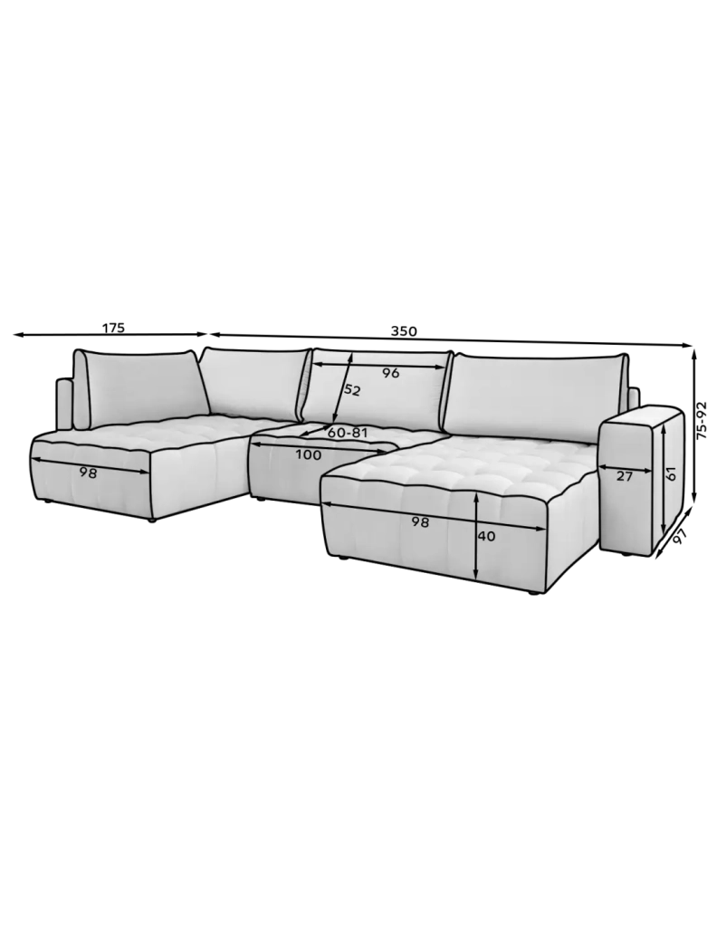 Divano ad angolo BONITA convertibile 6 posti grigio scuro tessuto – lato destro – 350x175cm