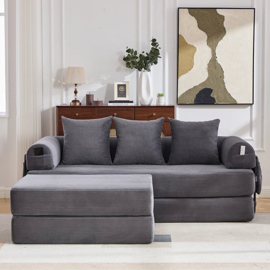 Divano modulare in velluto a coste con pouf, 3 cuscini e tasca laterale, grigio scuro