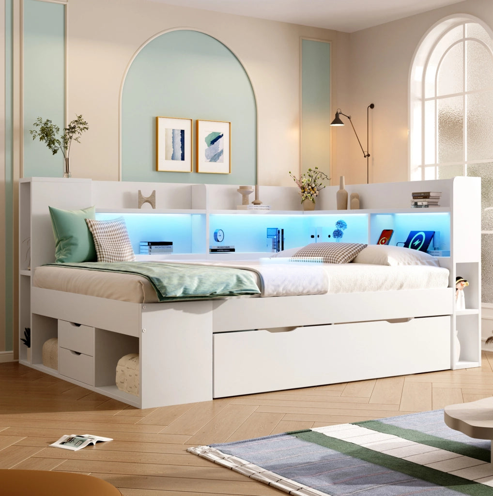 Letto a giorno 140x200 cm con LED; USB e Type-C; bianco; con ripiani e cassetti