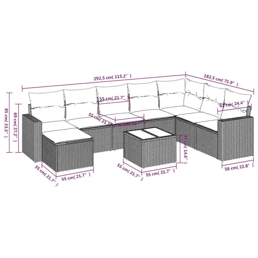 Set Divani da Giardino 9pz con Cuscini Marrone in Polyrattan