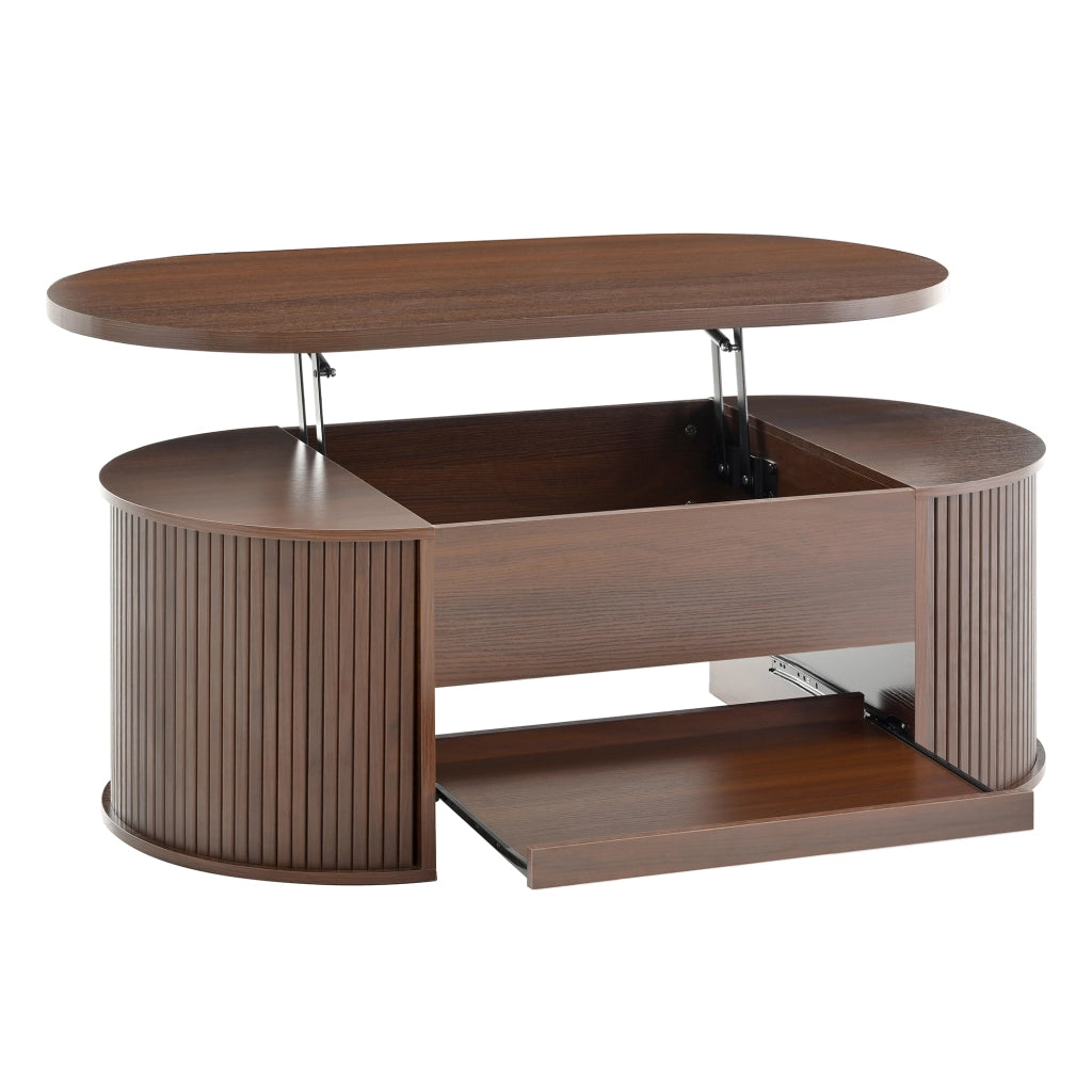 Tavolino da salotto sollevabile con spazio contenitivo e ripiano scorrevole per soggiorno, in MDF, noce naturale, 110 × 55,5 × 40 cm