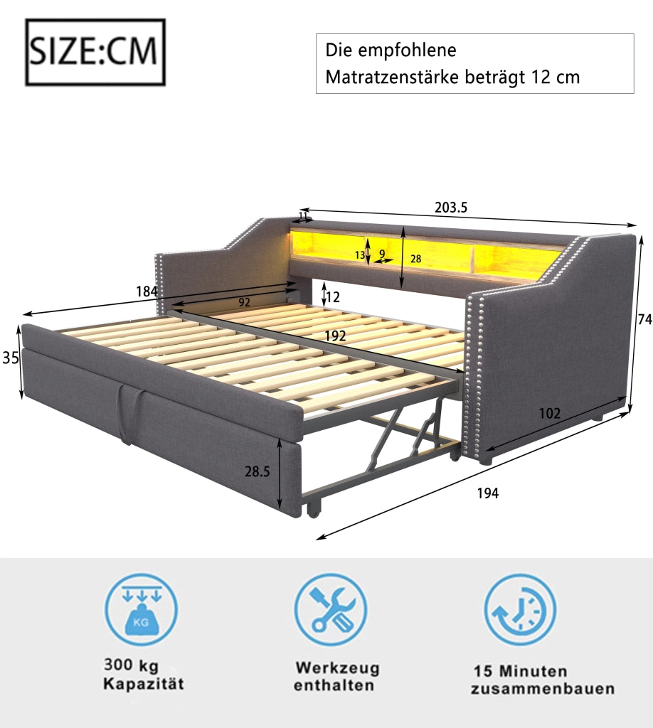 DIVANO LETTO Estraibile 90/180 x 190 cm Grigio Scuro con USB e LED