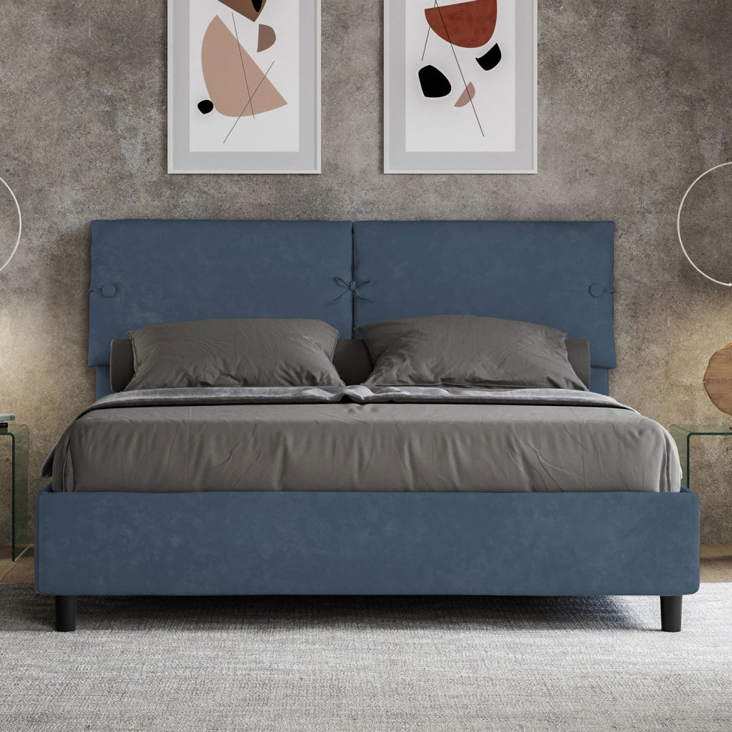 BS COM Letto matrimoniale contenitore imbottito 160x200 microfibra blu