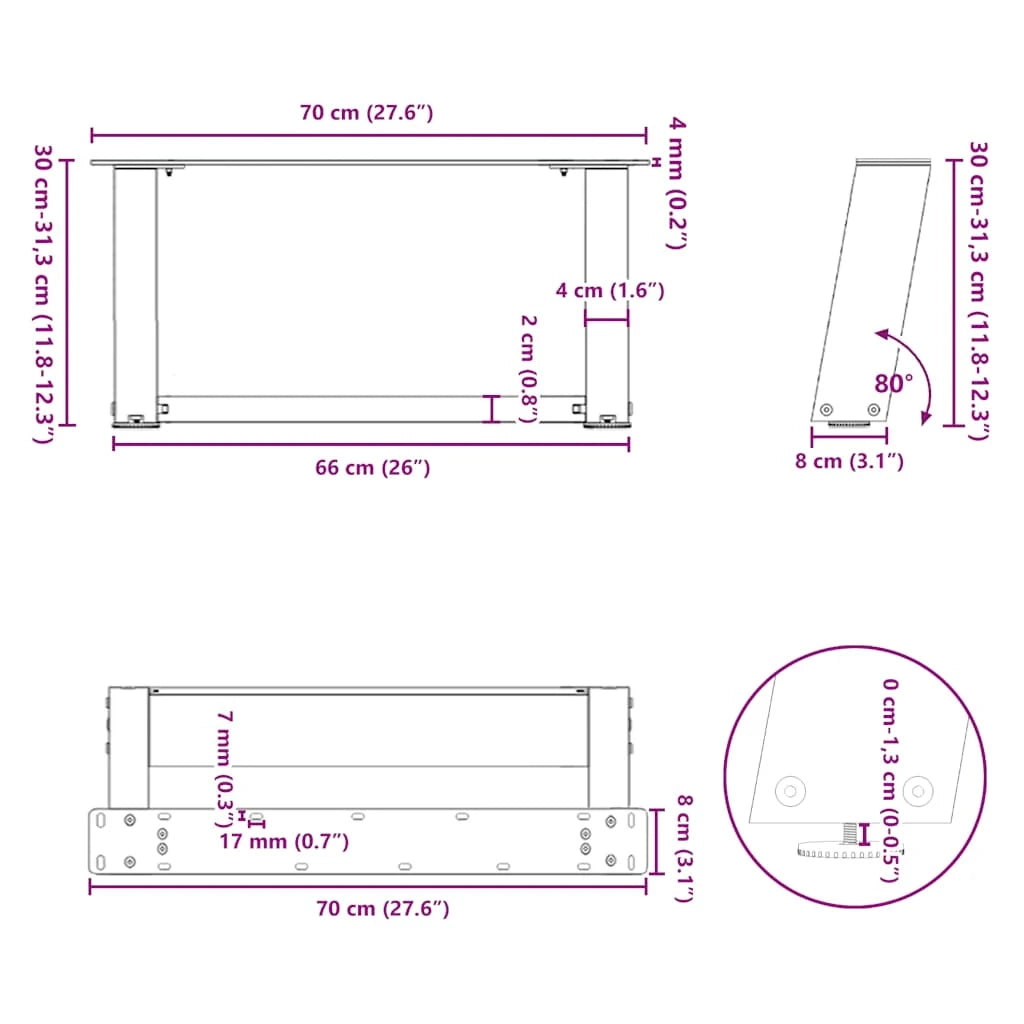 Set di 2 gambe per tavolino da caffè in acciaio nero a forma di U 70 x 30-31 cm con piedini regolabili design moderno 02_0057037