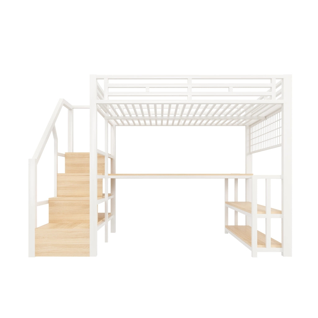 Letto a Soppalco con Scrivania e LED ¨C MINIMAL ¨C Bianco, 140x200, Metallo