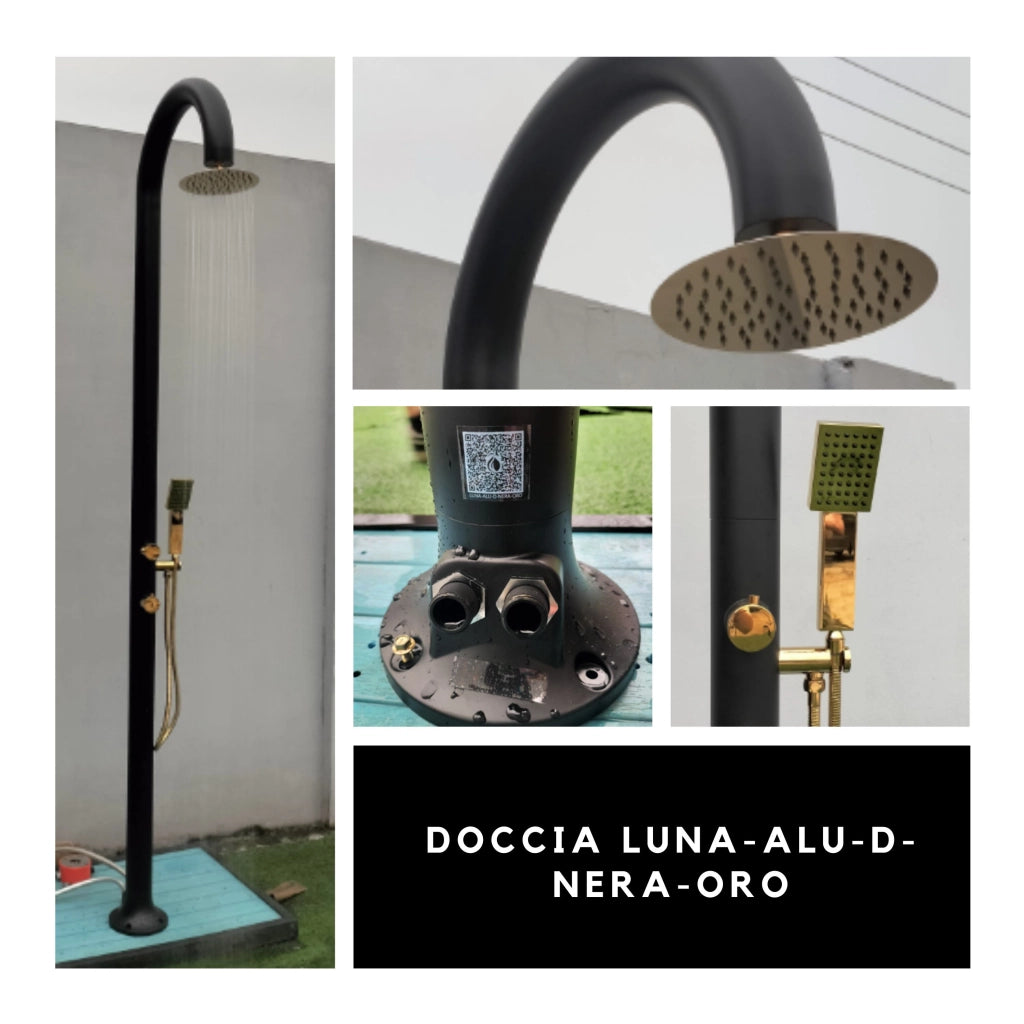 SINED Doccia in Alluminio Nero e Oro con Doccino Mobile per Acqua Calda e Fredda Soffione Rotondo Anticalcare Doppio Attacco Inferiore e Laterale Modello LUNA ALU D NERA ORO