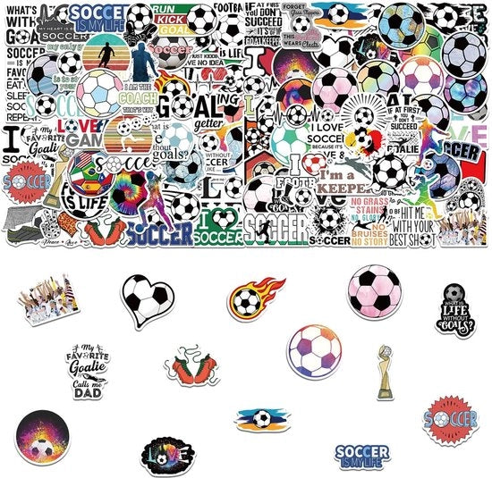 Sticker di Calcio 100 Pezzi - Impermeabili - Adesivi PVC Self-Locking - Decorazioni per Fai da Te - Carini - Dimensioni 4-7 cm - Adesivi