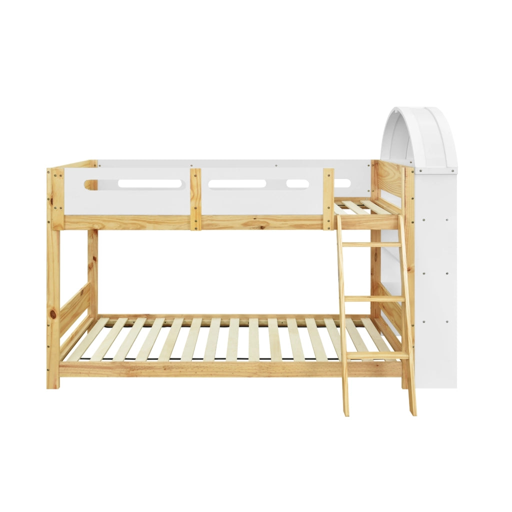 Letto a castello per bambini con scaffale a tre livelli, scaletta a tre gradini e spondina di sicurezza, 90x200 cm, bianco/naturale