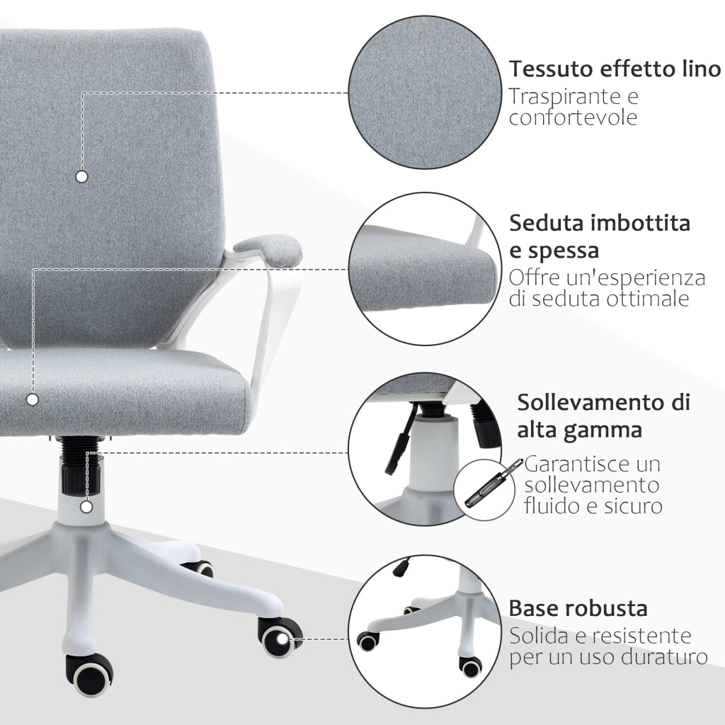 EasyComfort Sedia da Ufficio Ergonomica con Altezza Regolabile, Sedia Scrivania Imbottita Girevole 360° e Funzione Dondolo, in Tessuto effetto Lino Traspirante, per Studio, Grigio
