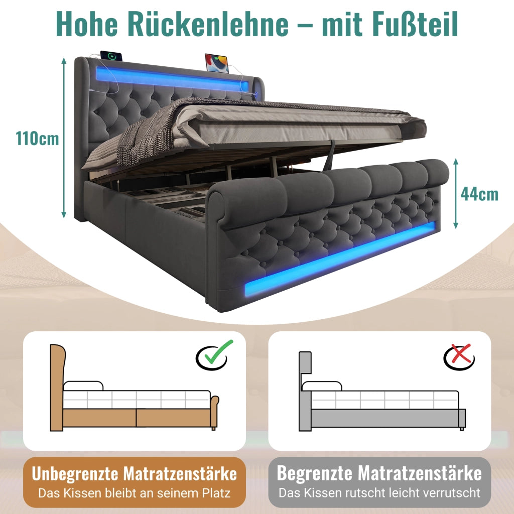 LETTO Contenitore 140x200 cm Velluto Grigio con LED USB e Type-C