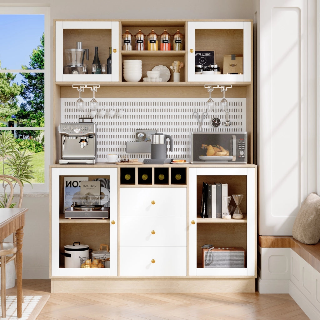 Credenza alta da cucina con cassetto; portabottiglie; portabicchieri; ripiani regolabili e LED per cucina in MDF e vetro 140x40x185;7 cm Bianco