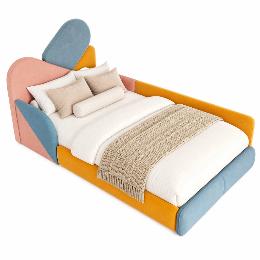 Letto imbottito per bambini 90x200 cm, patchwork multicolore, con sponde laterali rialzate, velluto
