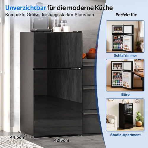 Mini frigorifero con congelatore; indipendente; volume totale 60L; congelatore da 22L; porta in vetro; illuminazione LED; basso rumore; scaffali rimovibili in vetro; nero