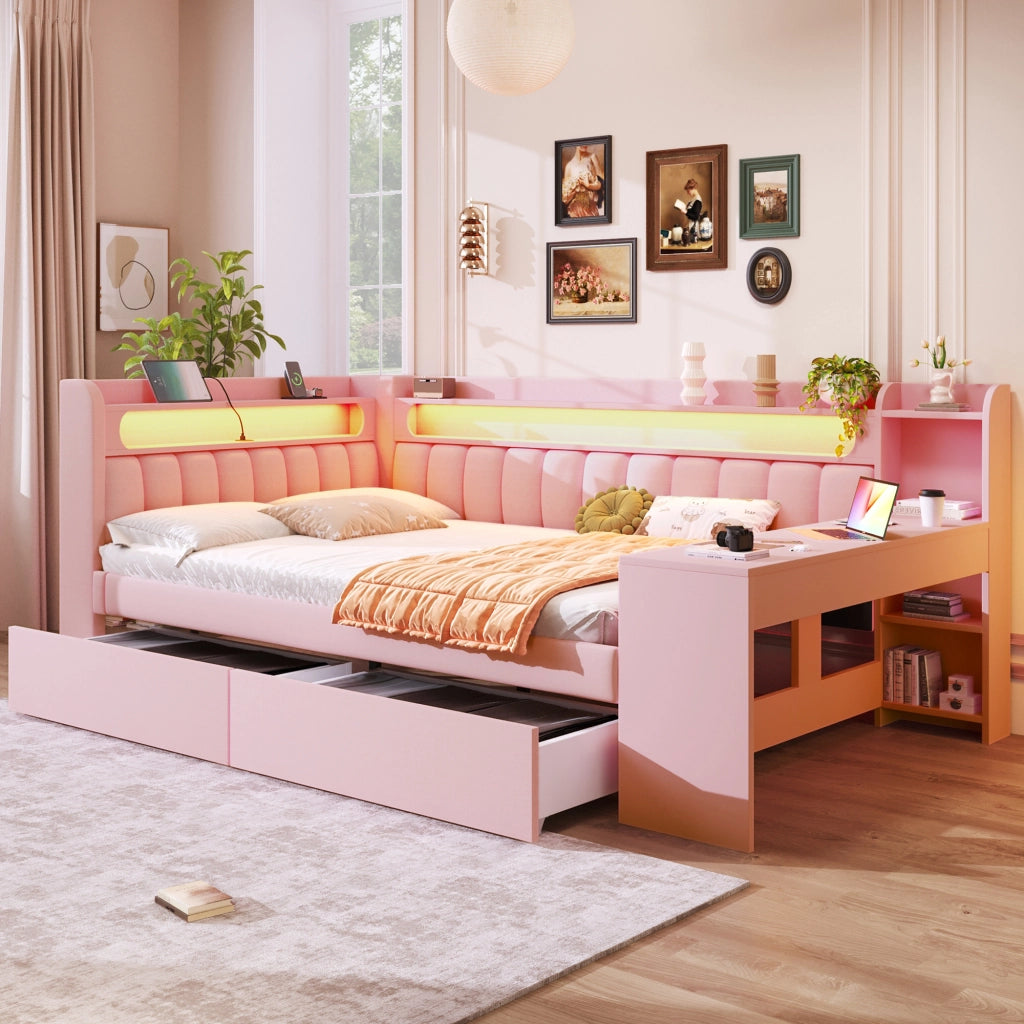 Daybed imbottito 140x200 cm rosa con USB, LED, scrivania e 2 cassetti