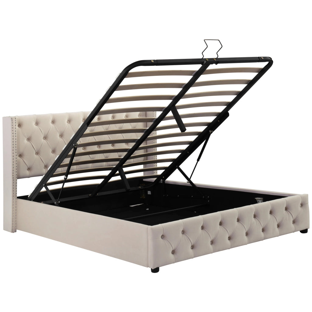 Letto imbottito matrimoniale 140x190 cm in velluto beige con contenitore e rete a doghe
