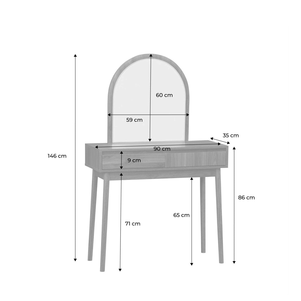 Toeletta trucco decorata in legno con specchio e 2 cassetti, 90cm,