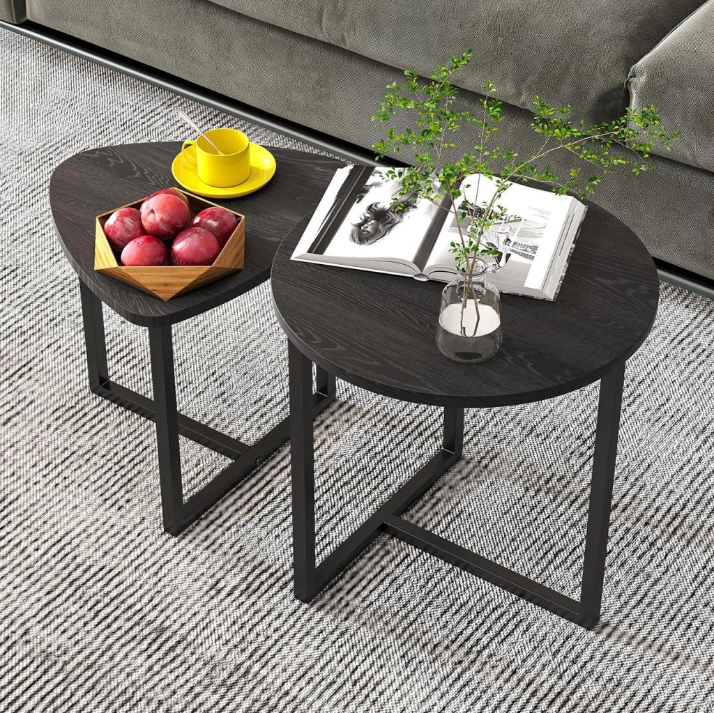 Set di tavolini da salotto; design industriale con piano a cuore; metallo nero