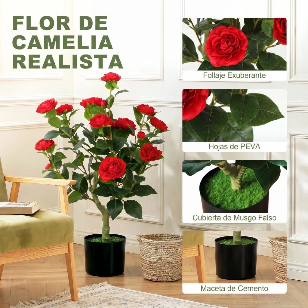 Planta Artificiale Camelia in Vaso con Fiori ¨C Minimal ¨C 65 cm, Effetto Muschio Rosso