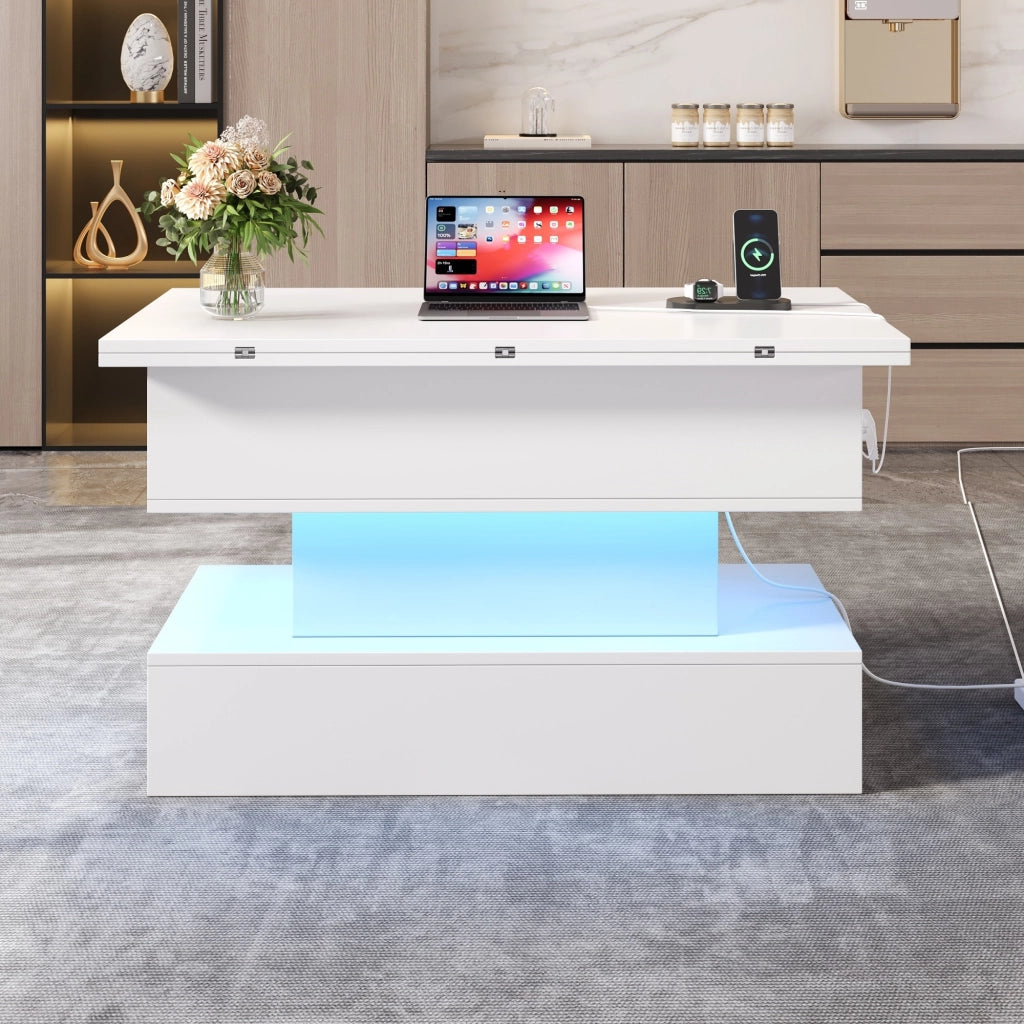 Tavolino da caffè alzabile con LED e vano contenitore - per soggiorno - in truciolare - 100x50x51.5 cm - bianco