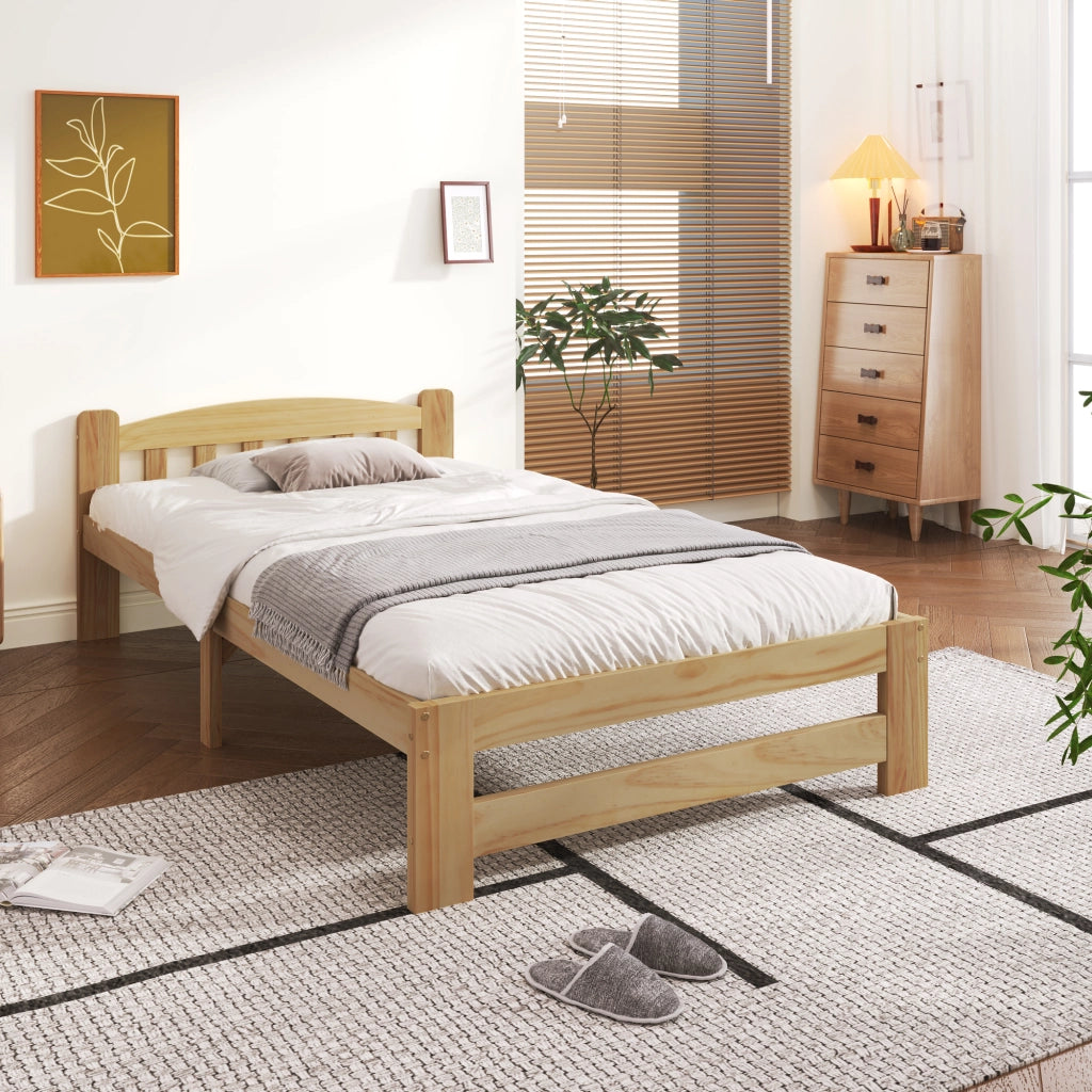 Letto singolo in legno massello - Zephmum - 90x200 cm - Natur - Con testiera e rete a doghe