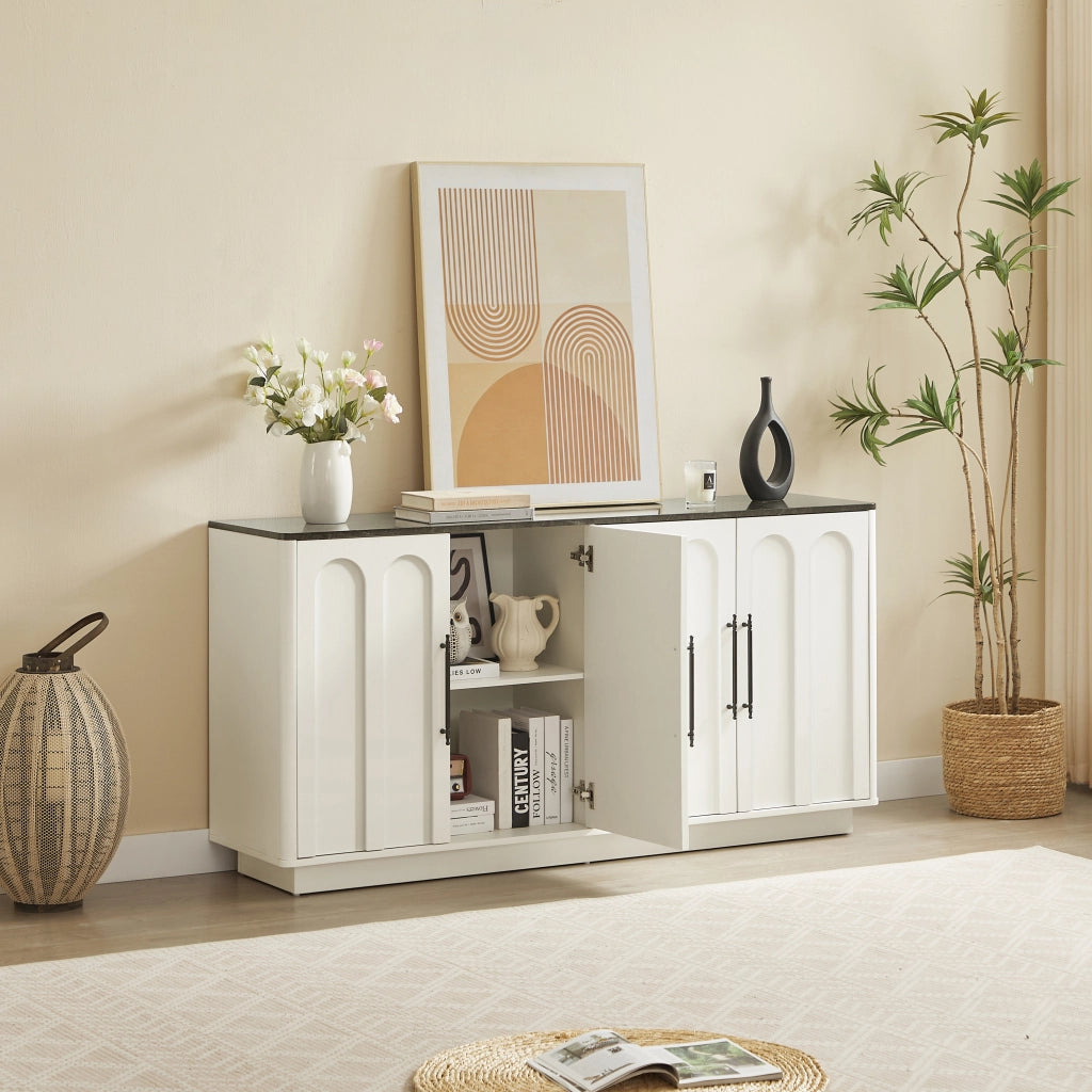 Madia con 4 ante e ripiani con chiusura ammortizzata e fissaggio a parete per soggiorno; in MDF; bianco e nero; 160×40×80 cm