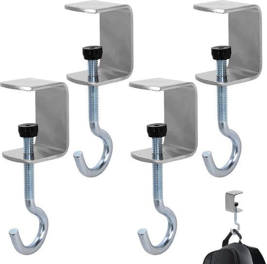 Tashouder Portatile 4 Pezzi - Registrello per Tavolo o Cuffia per Computer - Sotto la Tavola - Metallo Argento - Altezza 8-12cm - Deposito Facile - Registrello Portatile