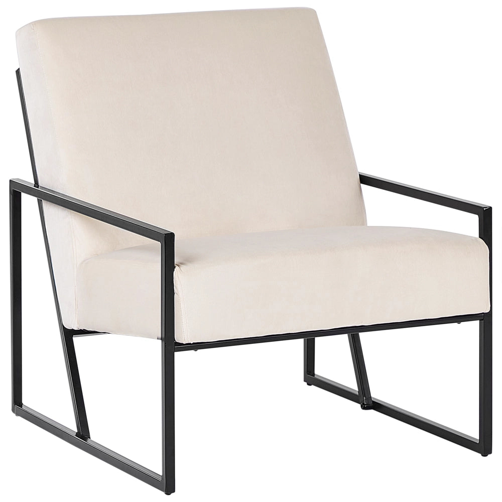 Poltrona in velluto beige chiaro 83L x 69L x 83H Schienale Bracciolo Struttura in metallo nero Soggiorno moderno glam