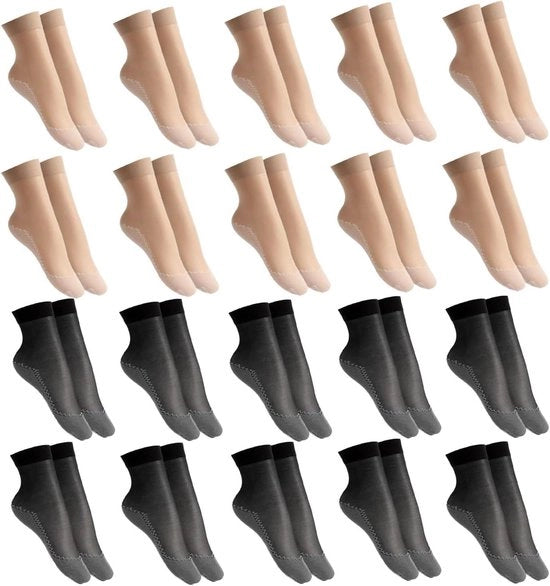 Calze Premium - 20 paia di calze con piedi di cotone per donne - Calze antiscivolo - Calze elastiche e moderne - Calze respiranti e invisibili - Adatti per ballare e camminare - Nero/Nero colore della pelle.