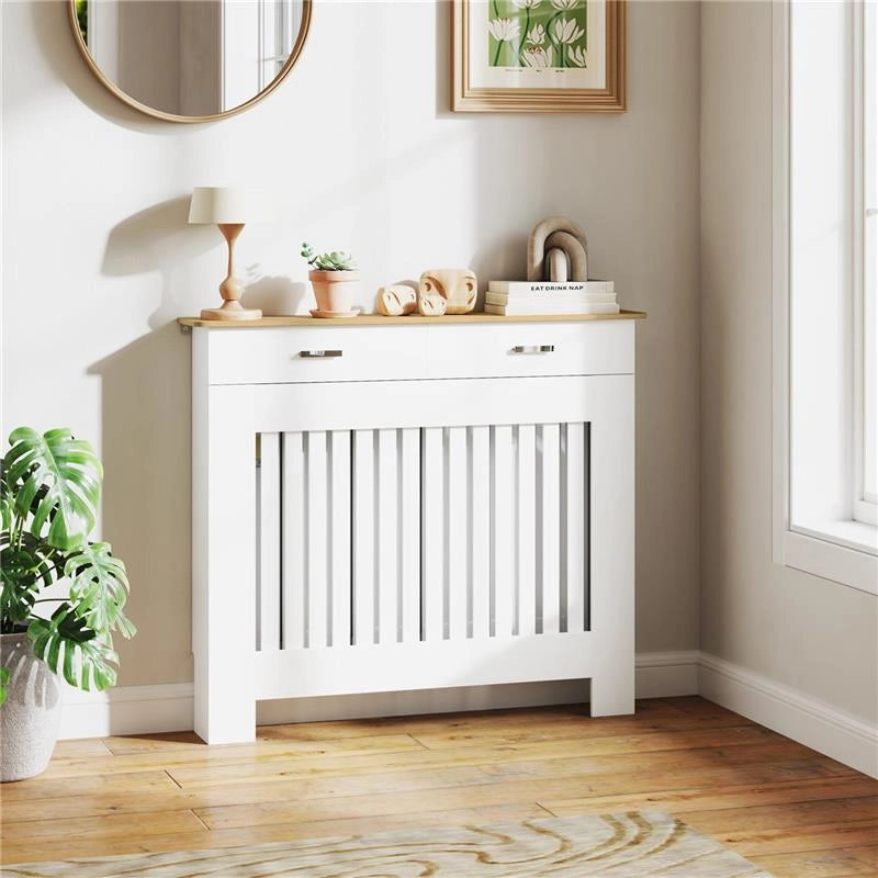 COPRITERMOSIFONE A DOGHE ANTIRIBALTAMENTO CON CASSETTO PORTAOGGETTI IN LEGNO 112X19X97 CM BIANCO