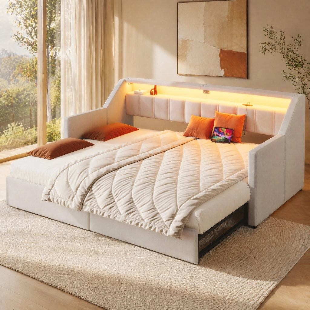 Daybed 90 x 200 cm con USB, Type-C, LED e 2 cassetti, beige