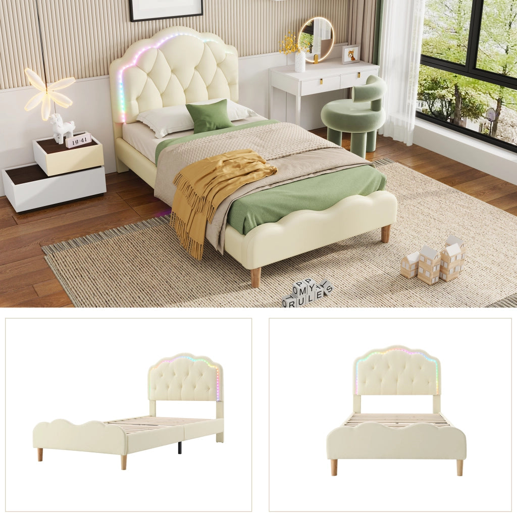 LETTO Polsterato 90x200 cm PU Beige con testiera ondulata e LED