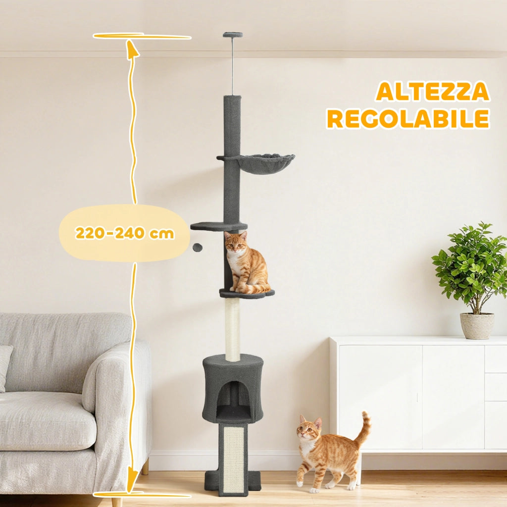 Albero per Gatti a Soffitto Alto con Casetta, Amaca e Piattaforme ¨C zephmum ¨C Grigio, 220-240 cm