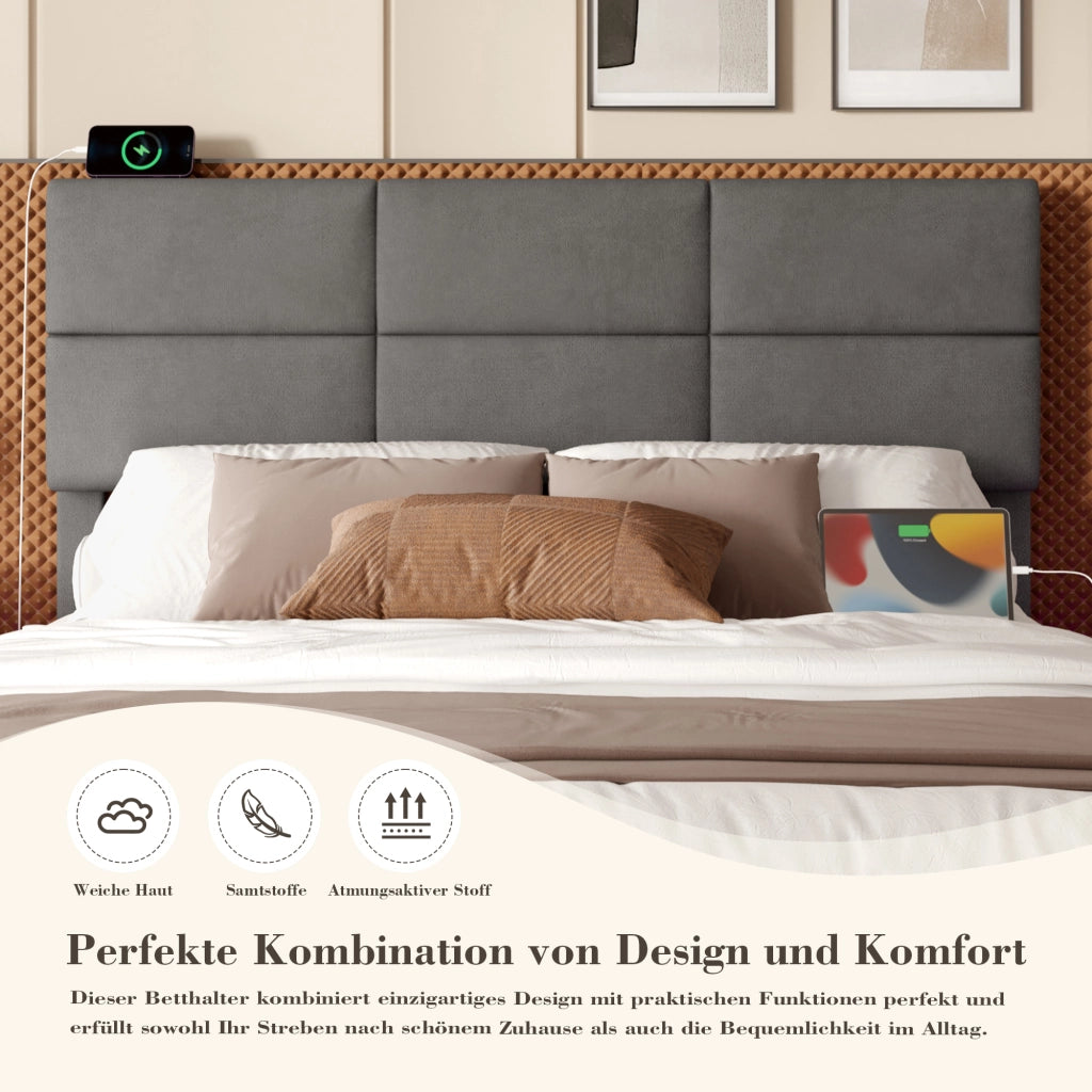 OKWISH Letto Contenitore 180×200 cm, Letto Matrimoniale con USB, Tipo C, LED Regolabile e Testiera Regolabile, senza Materasso, Velluto, Grigio Scuro