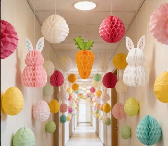 Set di Decorazione di Pasqua da 12 pezzi – Slinga con Coniglio e Piumoni di Carta – Decorazione da Appendere per la Festa di Pasqua, Feste di Primavera e Decorazione di Muro Interna ed Esterna