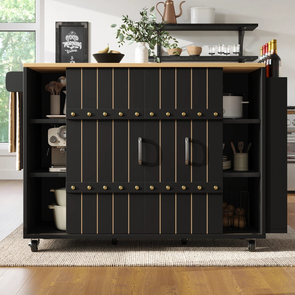 OKWISH Carrello da Cucina con 2 Ante Scorrevoli e 3 Cassetti, Piano Ribaltabile, Portasciugamani e Ruote, 110 × 42 × 90 cm