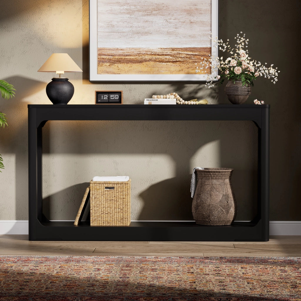 Tavolo consolle nero 140 cm con ripiani aperti, struttura in MDF, design moderno minimalista