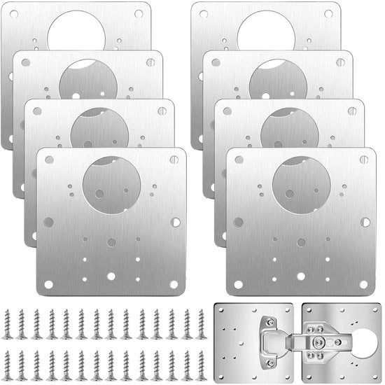 Set di riparazione per cardini 8 pezzi - Piastra di riparazione per cardini - Cardine per cucina - Viti - Mobili da soggiorno - 9 x 9 cm - Piastra di cardine