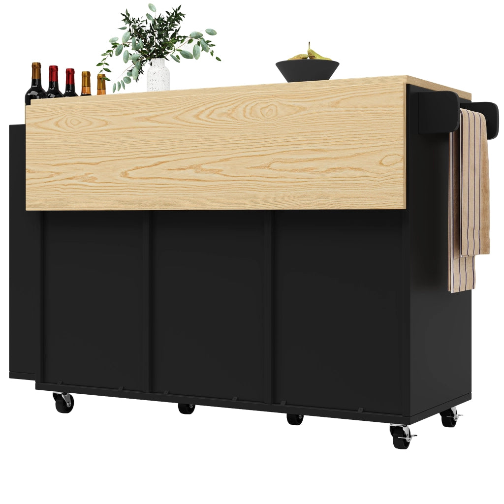 OKWISH Carrello da Cucina con 2 Ante Scorrevoli e 3 Cassetti, Piano Ribaltabile, Portasciugamani e Ruote, 110 × 42 × 90 cm