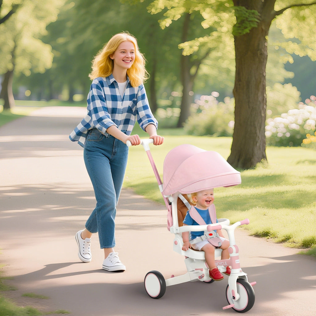 Triciclo per Bambini 5 in 1 con Maniglione di Spinta e Copertura Rimovibile, 96.5x49x101 cm, Rosa