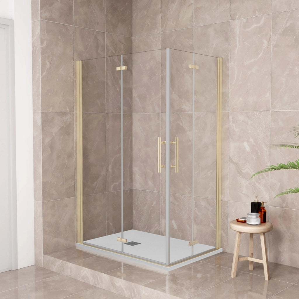 185 cm Box Doccia Angolare 76x90 cm Doppia Porta Battente Pieghevole Vetro Temperato Trasparente 6 mm Anticalcare Telaio Dorato Spazzolato