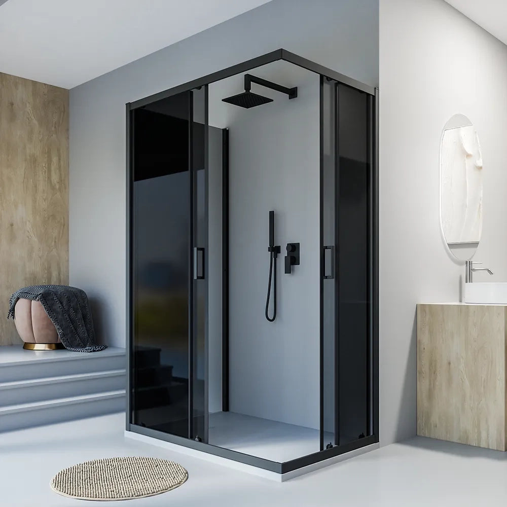Box doccia nero opaco 3 lati 70x70x70cm con doppio scorrevole e vetro 6mm fumè h185cm | Tonga